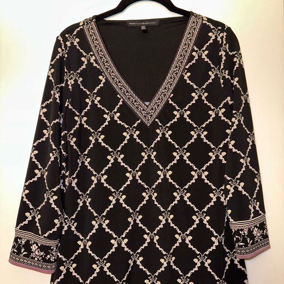 WHBM Womens Black Purple White Trellis Pattern Stretch Tunic Small EUC - Picture 4 of 11